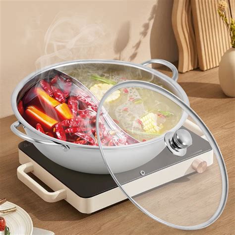 In Stainless Steel Shabu Dual Sided Divider Cooking Soup Hot Pot Cookware With Lid