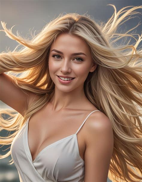 Beautiful Woman With Long Blonde Hair Flowing In The Wind The Girl Is Standing Sideways And