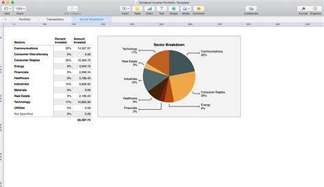 Market sector breakdown in the Dividend Income Portfolio Template