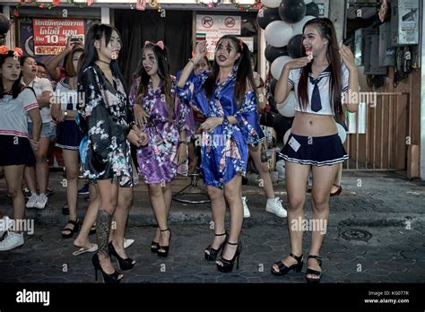 Thailand Sex Trade Go Go Bar Girls Touting For Customers In Halloween Costumes Walking Street