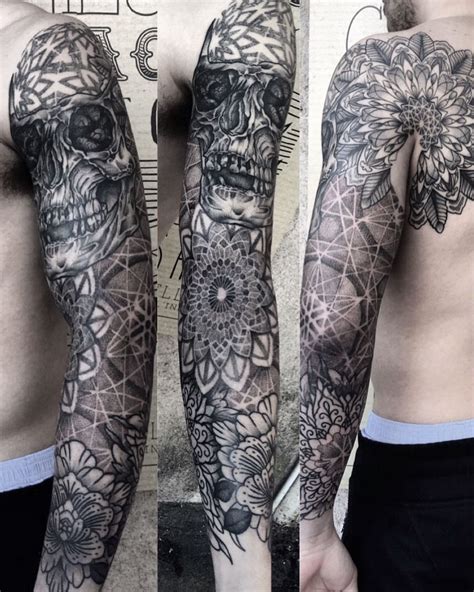 Full Arm Skull Mandala Dotwork Pattern Peonies Ornemental Skull Z