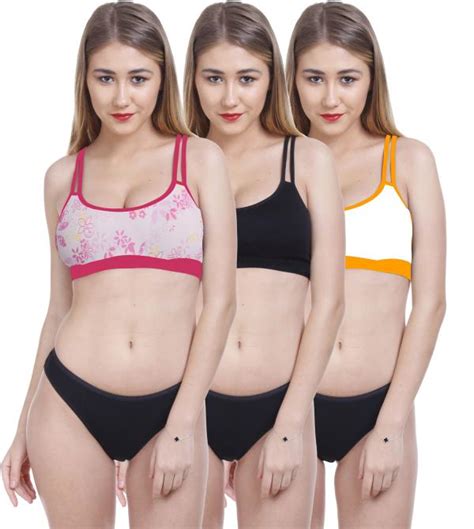 Women Cotton Bra Panty Set For Lingerie Set Pack Of Color Pink Black Yellow JioMart