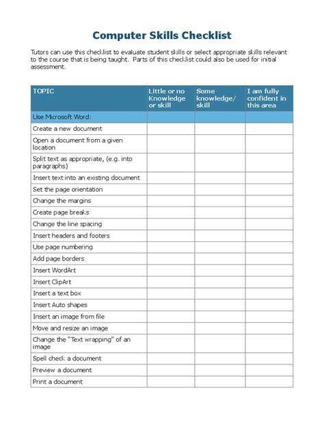 Computer Skills Checklist Topic Little Or No Knowledge Or Skill Some