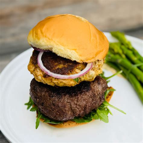 Surf Turf Brunch Burger With Crisp Asparagus By Adam McKenzie