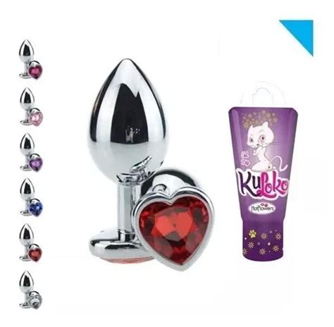 Kit Sex Shop Plug Anal em Aço Inox Jóia Coração Gel Anestesico