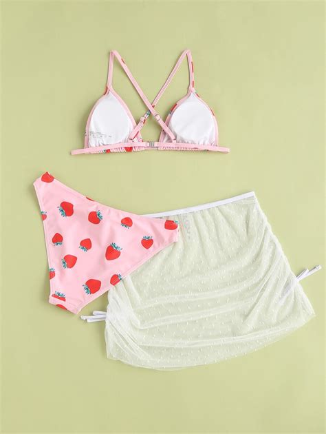 Shein Conjunto De Bikini Con Estampado De Fresa Cruzado Y Falda De