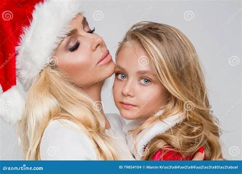 Beautiful Blonde Female Model Snowflake Dressed As Santa Claus Erotic Red Lingerie Stock Photo