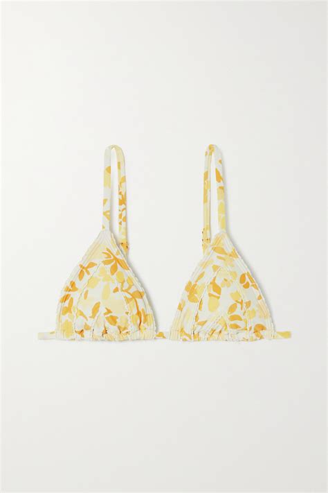 Peony Net Sustain Crochet Trimmed Floral Print Stretch Econyl Triangle Bikini Top In Yellow