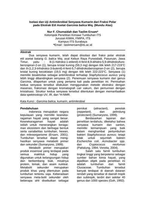 Pdf Isolasi Dan Uji Antimikrobial Senyawa Kumarin Dari Fraksi Polar