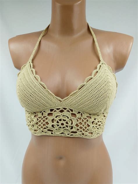 Crochet Nude Swim Bra Women Crochet Bathing Suit Hand Knit Swim Bikini Top Crochet Festival