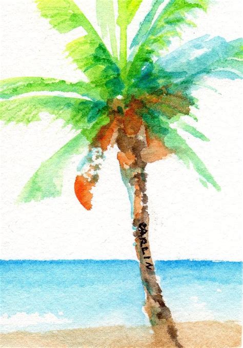 Original Watercolor Painting Coconut Palm Tree By Carlinartwatercolor