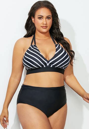 Black Striped Halter Bikini Set