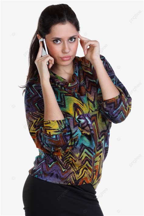 Beautiful Brunette Woman Thinking Telephone Smile Pensive PNG Transparent Image And Clipart