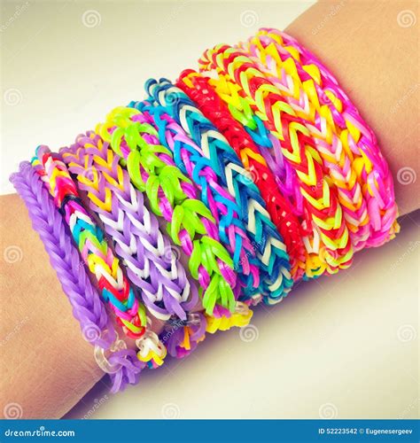 Colorful Rubber Rainbow Loom Band Bracelets on Wrist Stock Photo ...