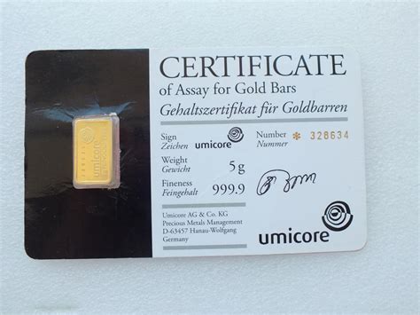 Слиток Золота "Umicore" 5 грамм 999,9 проба Инвестиция Сертификат ...