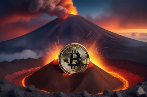 Illustration Of Bitcoin Cryptocurrency Convulsing Out Of Volcano With