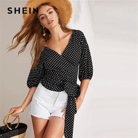 Aliexpress Buy Shein Boho Black Knot Side Surplice Wrap Polka Dot