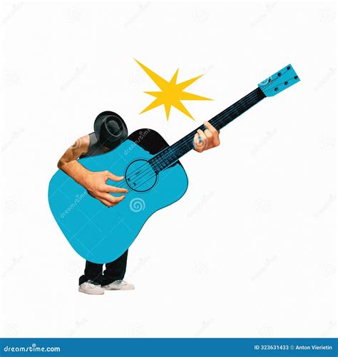 Poster Contemporary Art Collage Artistic Mature Man Dressed Retro Attire Playing Huge Guitar