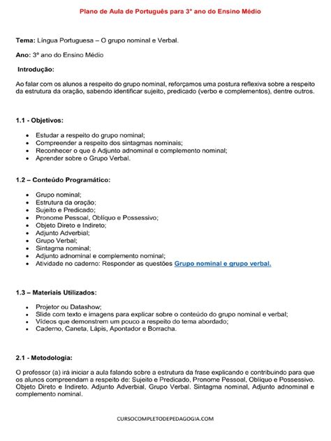 Terceiro Ano Do Ensino Médio - Plano de Aula de Portugues para 3° Ano Do Ensino Medio | PDF