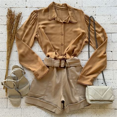 CAMISA GOLA E PUNHO DETALHE RENDINHA NUDE Dondoca Moda Feminina