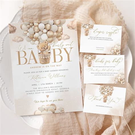 Editable Teddy Bear Hot Air Balloon Baby Shower Invitation Brown Teddy Bear Baby Shower We Can