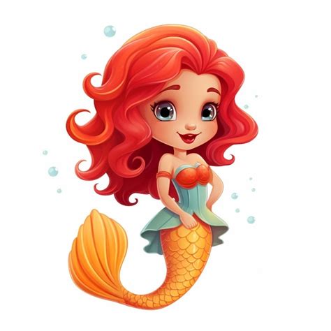 Premium AI Image Cartoon Mermaid With Red Hair And Blue Dress Holding