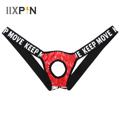 Men Lingerie Hollow Out Patent Leather Bulge Pouch Jockstrap T Back Sexy Latex Panties Letter
