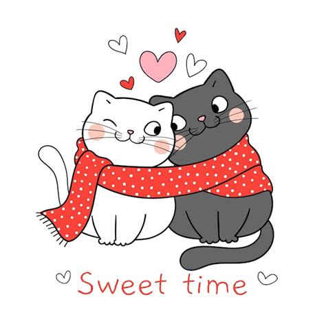 Premium Vector Draw Couple Love Of Cats With Little Heart For Valentine Day