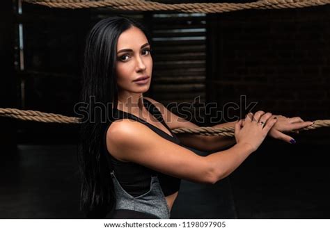 Sexy Fitness Brunette Woman Standing Near Stock Photo