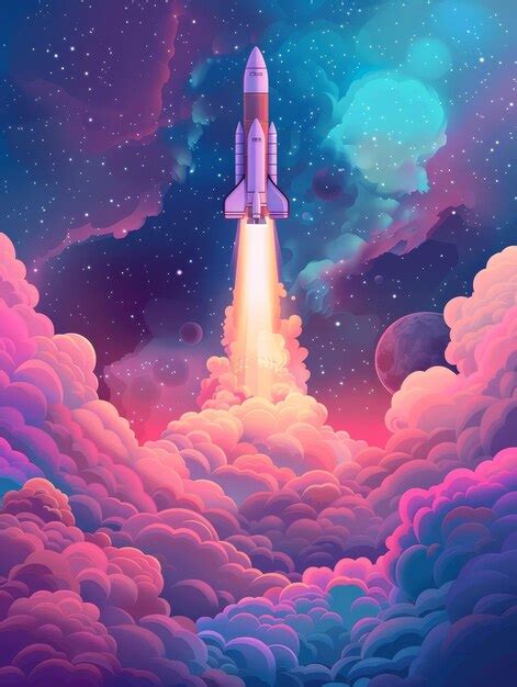 Space Rocket Launch Through Pink Clouds Premium AI Generated Image