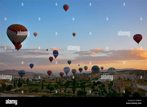 Turkey Kapadokia Hot Air Balloons At Sunset Stock Photo Alamy
