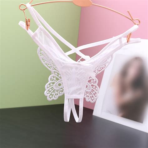 Women Low Waist Traceless Mesh Embroidered Big Open End Thong Sheer Bikini Panties No Show