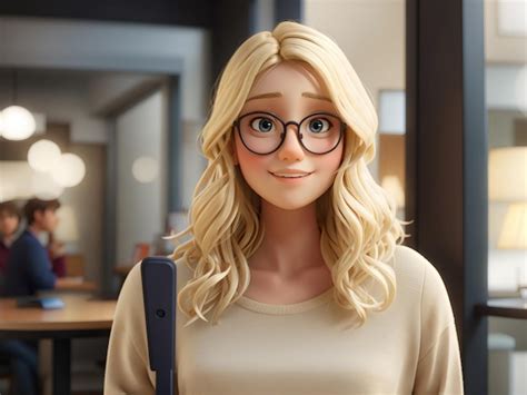 Premium AI Image 3D Cartoon Style Depiction Of A Blonde Girl With Roundrimmed Glasses Standing