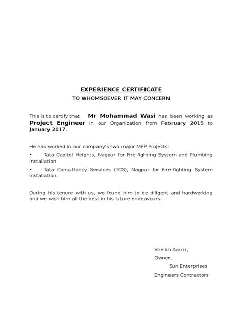experience certificate  mep engineer projects