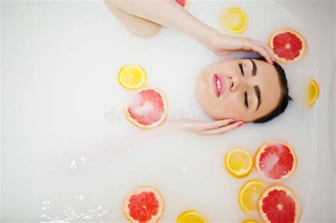 Brunette Girl At The Bathroom With Milk And Fruits Stock Photo Image Of Fruit Face 235893236