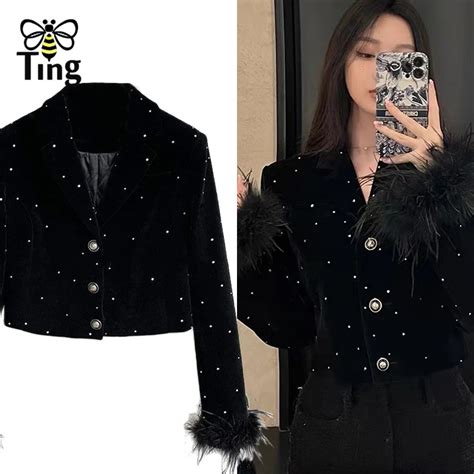 Tingfly Women Winter Autumn Single Breasted Crystal Dot Velvet Short