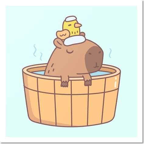 Cute Capybara And Bird Relaxing In Hot Bath Spa Soak By Rustydoodle Capybara Pusheen Cute