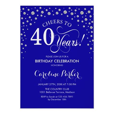 40th Birthday Party Invitation Silver Royal Blue