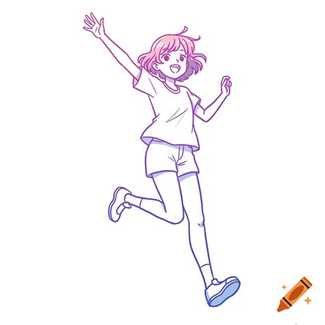 anime style illustration   girl  pink hair jumping  waving