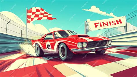 Carro De Corrida Desenho Animado - Um carro de corrida de desenho animado a atravessar a linha de chegada ...