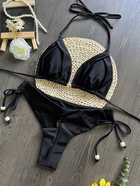 Black Triangle Bikini Set With Halter Neck On Luulla