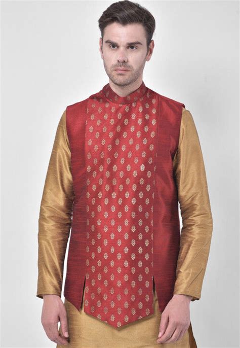 Golden Printed Dupion Silk Kurta Jacket Set In Beige And Maroon Mve