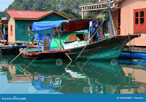 Fishing Boat and Houses at Vung Vieng Halong Bay Vietnam Editorial ...