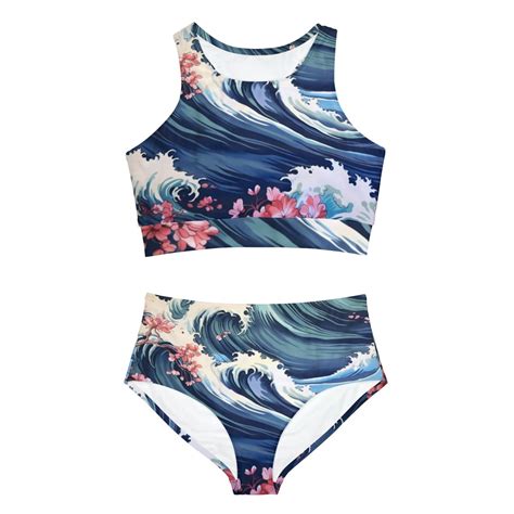 Floral Sporty Bikini Set Aop With Waves Etsy
