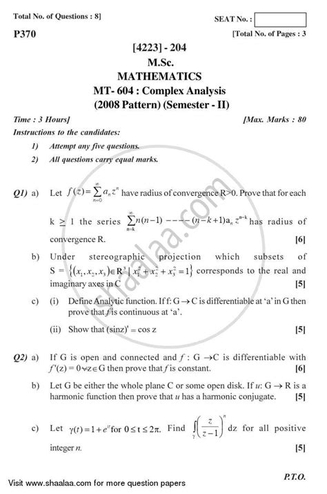 Complex Analysis 2012 2013 Msc Mathematics Semester 2 Question Paper