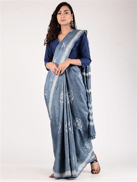 Buy Indigo Ivory Dabu Printed Tussar Silk Saree Sarees Woven Desert