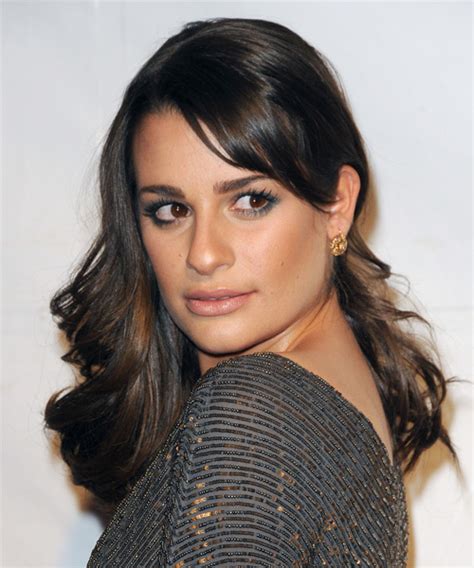 Lea Michele Long Wavy Formal Hairstyle With Side Swept Bangs Brunette