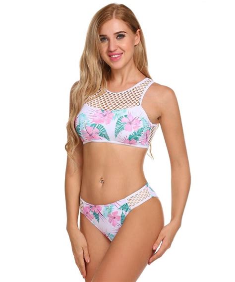 Womens Lace Hollow Out High Neck Racerback Bikini Set Swimsuit S Xxl Pink Green Floral