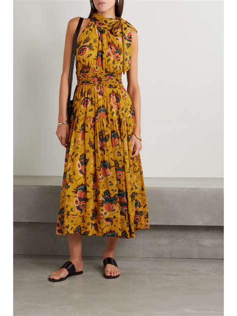 Mustard Maya Floral Print Silk Georgette Midi Dress ULLA JOHNSON