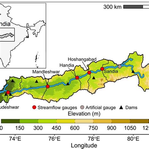 Map of the Narmada River basin (NRB), including five subbasin outlets ...